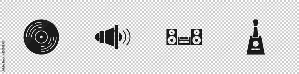 Set Vinyl disk, Speaker volume, Home stereo and Balalaika icon. Vector Set Vinyl disk, Speaker volume, Home stereo and Balalaika icon. Vector