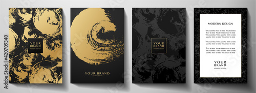 Modern black cover design set. Creative abstract art pattern with gold brush stroke (golden calligraphy texture) on background. Grunge vector collection for catalog, brochure template, magazine layout