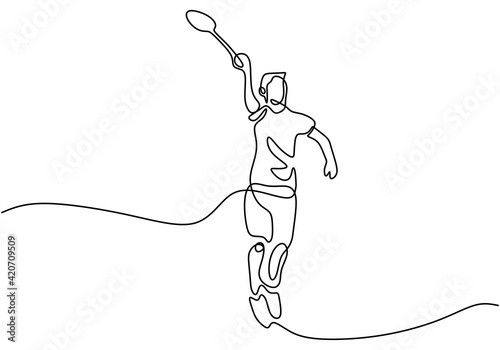 Continuous line drawing of man playing badminton. Character a badminton player is playing with a racket isolated on white background. Sport tournament concept minimalist design. Vector illustration
