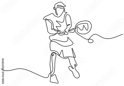 Continuous line drawing of man holding racket to playing tennis tournament. Young energetic male practice tennis isolated on white background. Sport and healthy lifestyle concept. Vector illustration