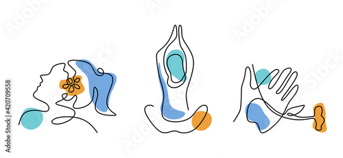 Set of abstract minimalistic female figure, woman's hand and yoga lotus pose isolated on white background. Beauty woman theme. Vector fashion illustration of the female in a trendy linear style.
