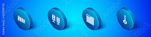 Set Isometric Xylophone, Drum machine, Banjo and Stereo speaker icon. Vector