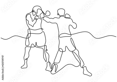 Continuous one line drawing of two man playing boxing at ring area. Two professional boxer is fight each other in tournament isolated on white background minimalist style. Vector illustration