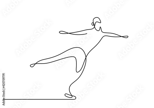One continuous line drawing of figure skating guy. Young happy man playing ice skating in the ice area while free dancing. Winter sport concept isolated on white background. Vector illustration