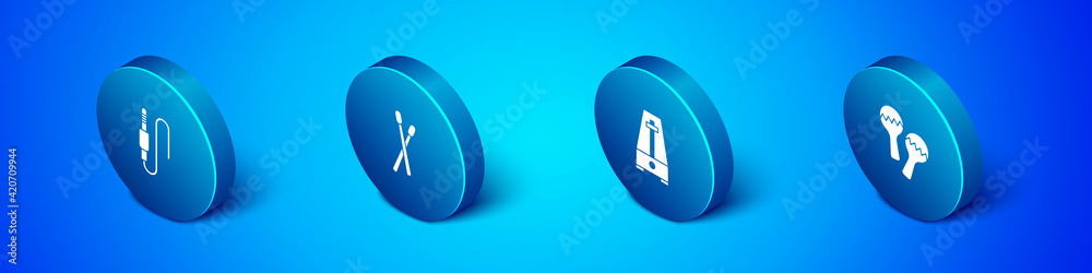 Set Isometric Audio jack, Metronome with pendulum, Maracas and Drum sticks icon. Vector Set Isometric Audio jack, Metronome with pendulum, Maracas and Drum sticks icon. Vector