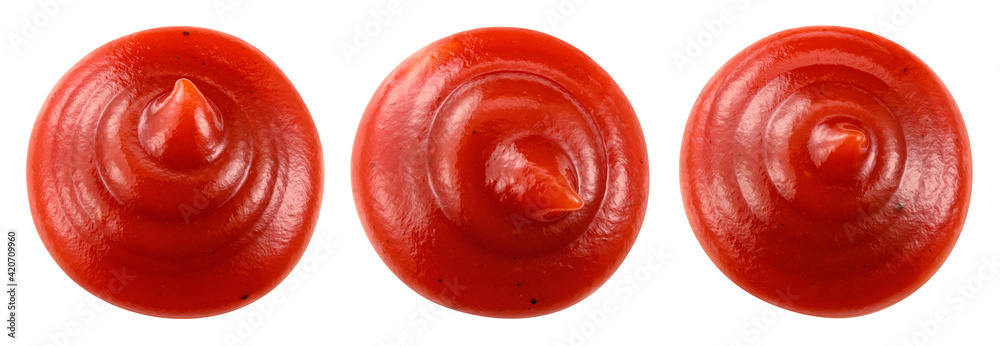Ketchup isolated. Ketchup top view. Red sauce set. Flat design. With clipping path. Ketchup isolated. Ketchup top view. Red sauce set. Flat design. With clipping path.
