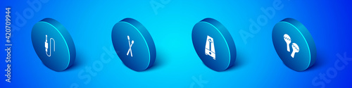 Set Isometric Audio jack, Metronome with pendulum, Maracas and Drum sticks icon. Vector