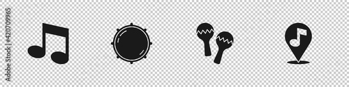 Set Music note, tone, Dial knob level, Maracas and Location musical icon. Vector