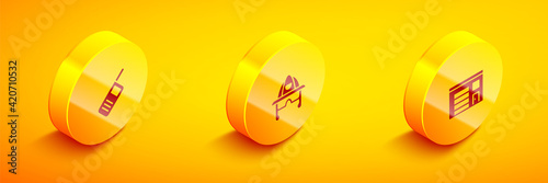 Set Isometric Walkie talkie, Firefighter helmet and Building of fire station icon. Vector