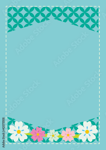 Cherry Blossom Flowers and Japanese Traditional Pattern, Stich Frame, Emerald Green Background photo