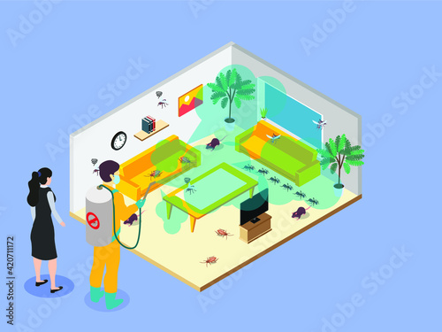Spraying living room with disinfectant 3D isometric vector concept for banner, website, illustration, landing page, flyer, etc