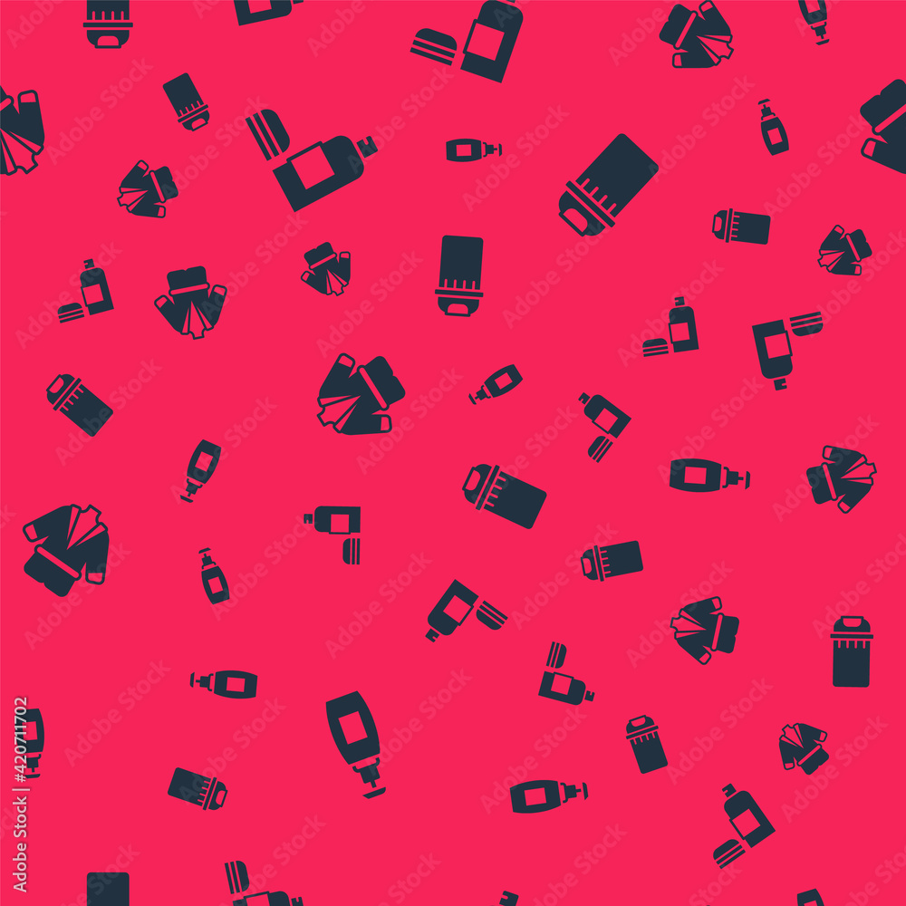 Set Bottle of liquid soap, shampoo, Bathrobe and Trash can on seamless pattern. Vector Set Bottle of liquid soap, shampoo, Bathrobe and Trash can on seamless pattern. Vector