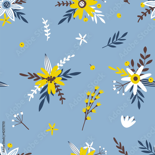 Spring seamless pattern with flowers and branches. Perfect for wallpaper, textile, wrapping paper, greeting cards