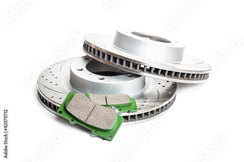 Perforated brake discs, ceramic pads - everything for better braking. on a white background