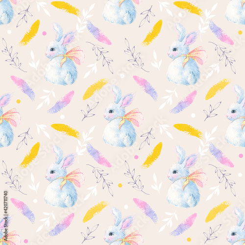 cute seamless pattern with bunnies. background with drawn characters of forest animals for children's print, textiles, design.
