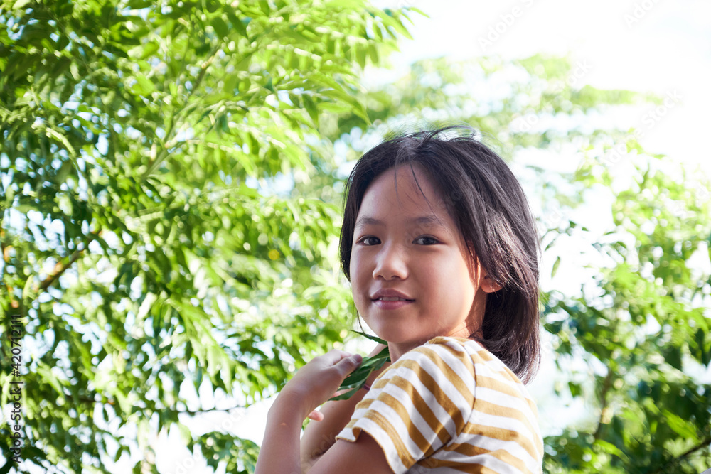 Beautiful Asian little girl playing with leaves outdoors during the journey Beautiful Asian little girl playing with leaves outdoors during the journey