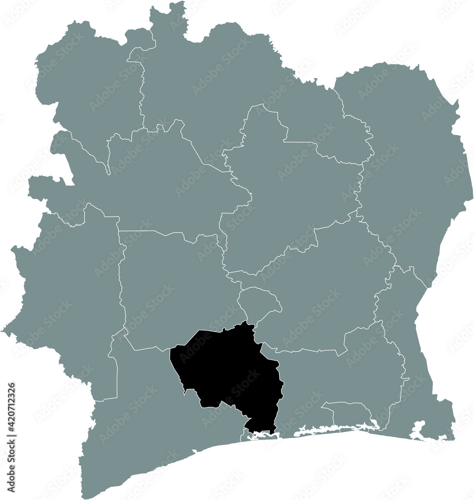 Black highlighted location map of the Ivorian Gôh-Djiboua district inside gray map of the Republic of Ivory Coast (Côte d'Ivoire)