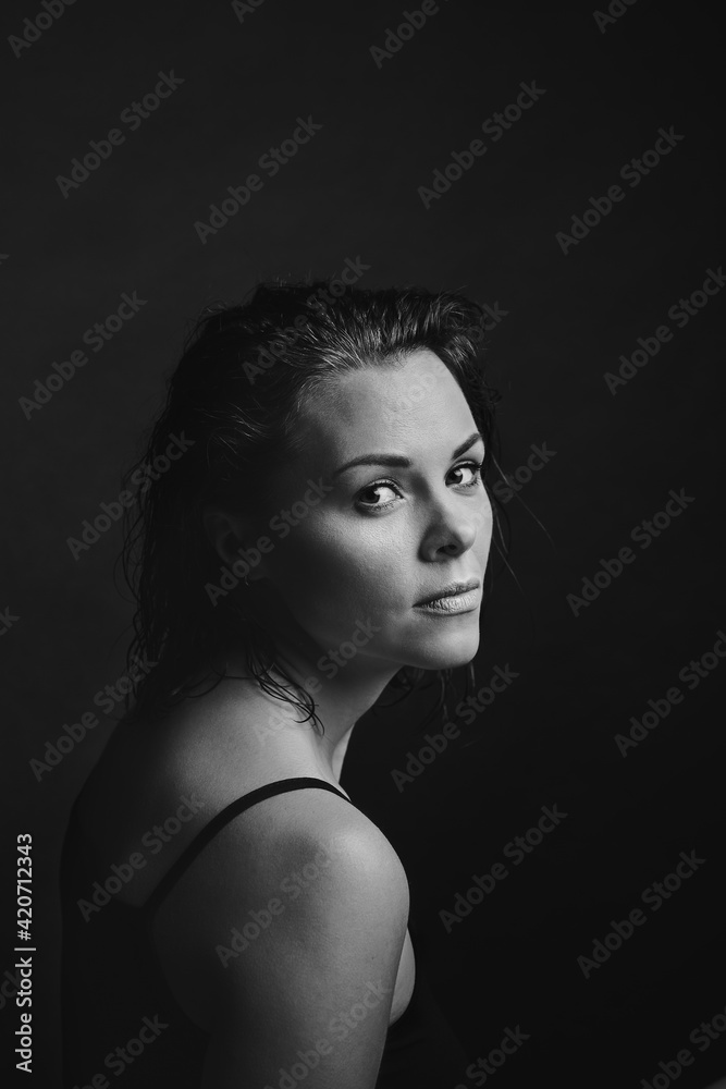 Black and white portrait of a pensive woman Black and white portrait of a pensive woman