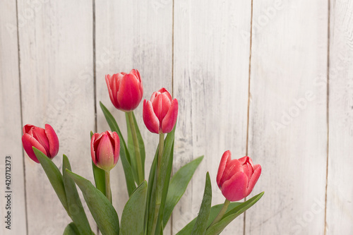 Bouquet of tulips on white wooden background