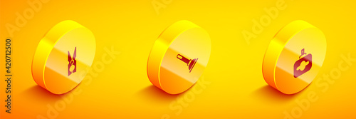 Set Isometric Clothes pin, Rubber plunger and Perfume icon. Vector