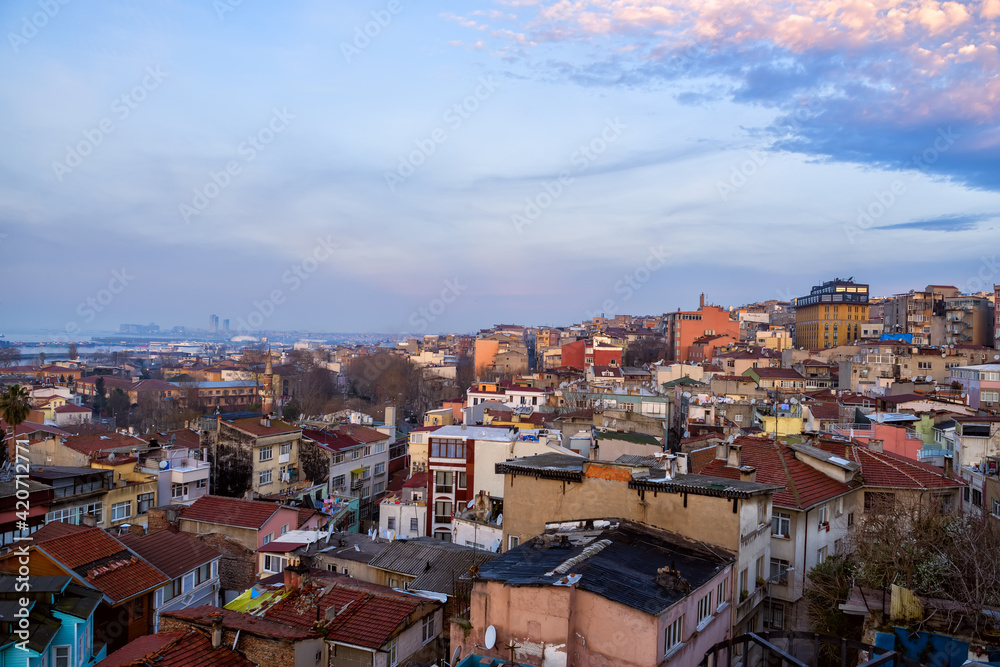 View of the old town and the sea at sunrise. Istanbul. Turkey.
