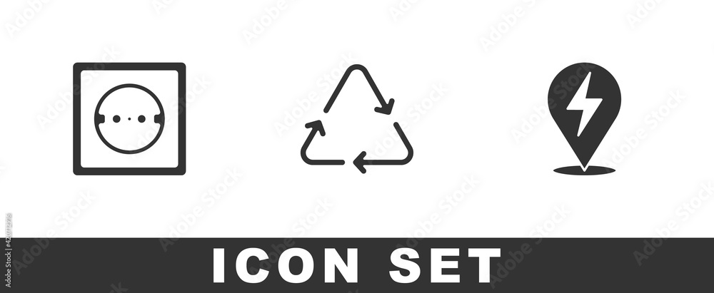 Set Electrical outlet, Recycle symbol and Lightning bolt icon. Vector