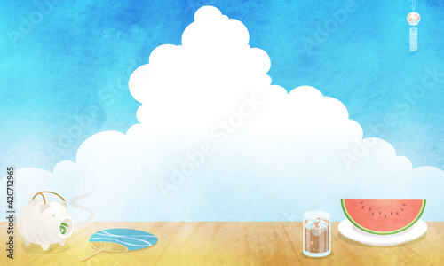 夏の縁側から見た青空と入道雲の水彩風風景ベクターイラスト(背景)