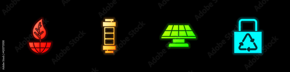 Set Earth globe and leaf, Battery, Solar energy panel and Paper bag with recycle icon. Vector Set Earth globe and leaf, Battery, Solar energy panel and Paper bag with recycle icon. Vector
