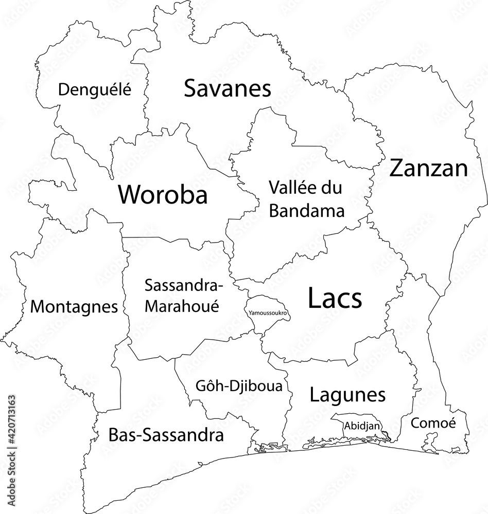Obraz premium White vector map of the Republic of Ivory Coast (Côte d'Ivoire) with black borders and names of its districts