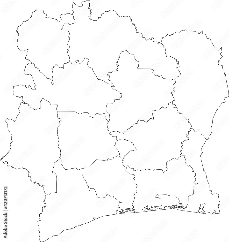 White vector map of the Republic of Ivory Coast (Côte d'Ivoire) with black borders of its districts