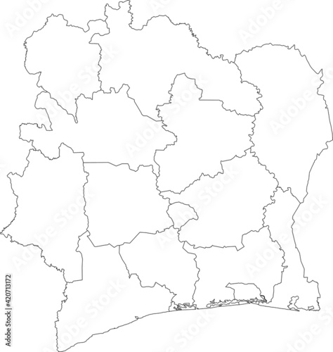 White vector map of the Republic of Ivory Coast (Côte d'Ivoire) with black borders of its districts