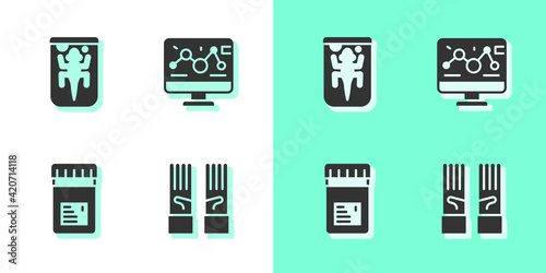 Set Medical rubber gloves, Experimental animal, Jar with additives and Genetic engineering modification icon. Vector