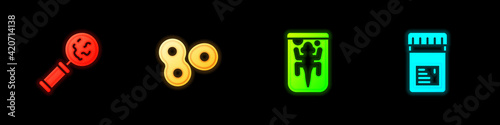 Set Microorganisms under magnifier, Cell division, Experimental animal and Jar with additives icon. Vector