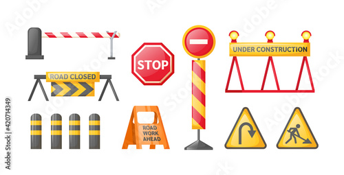 Traffic road repair barriers set. Safety barricade, roadblocks, warning alert signs. Construction fences, warning detour, repair hurdle, safety barricade warning for city street repair works