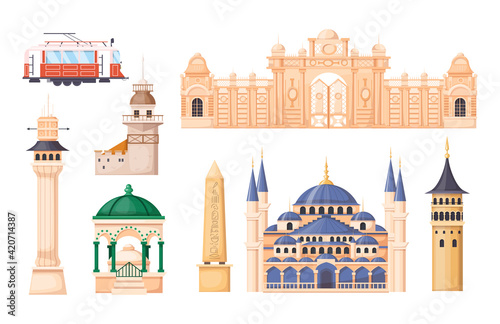 Turkey country buildings landmarks. Turkey vacation landmarks buildings, towers, transport, city bridge, mosque. Istanbul travel destinations. Travel concept for Asia cartoon vector