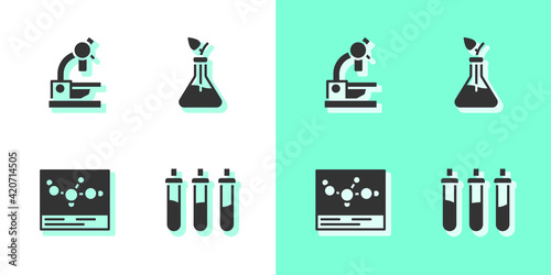 Set Reagent bottle, Microscope, Chemical formula and Plant breeding icon. Vector