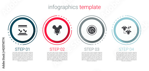 Set Automatic irrigation sprinklers, Experimental mouse, Petri dish with bacteria and Cloning. Business infographic template. Vector