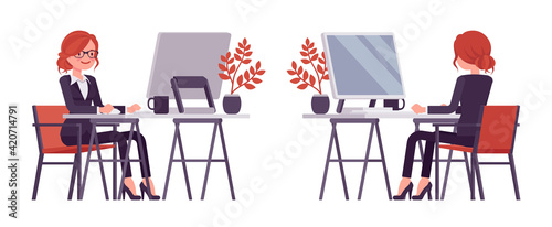 Businesswoman, red haired office worker sitting working with computer. Manager in smart formal wear, administrative person, employee. Vector flat style cartoon illustration isolated, white background