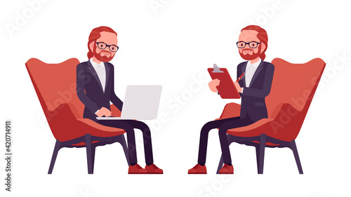 Businessman, red haired office worker sitting working with laptop. Manager in smart formal wear, administrative person, employee. Vector flat style cartoon illustration isolated, white background