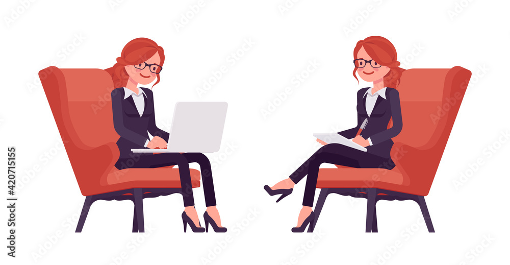 Businesswoman, red haired office worker sitting working with laptop. Manager in smart formal wear, administrative person, employee. Vector flat style cartoon illustration isolated, white background