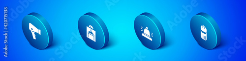 Set Isometric Hair dryer, Hotel service bell, Trash can and Lift icon. Vector