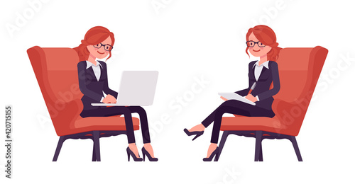 Businesswoman, red haired office worker sitting working with laptop. Manager in smart formal wear, administrative person, employee. Vector flat style cartoon illustration isolated, white background