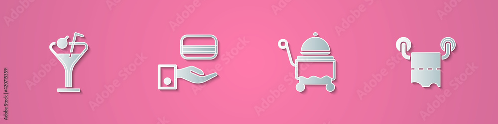 Set paper cut Martini glass, Digital door lock, Covered with tray and Toilet paper roll icon. Paper art style. Vector