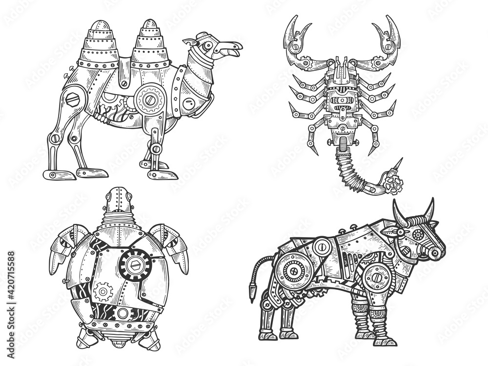 Fototapeta premium Mechanical animal set camel scorpion turtle bull sketch engraving vector illustration. T-shirt apparel print design. Scratch board imitation. Black and white hand drawn image.