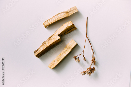 Natural incense White Sage and Palo Santo. Sacred tree of South America, color square photo.White Sage and Palo Santo on white background.