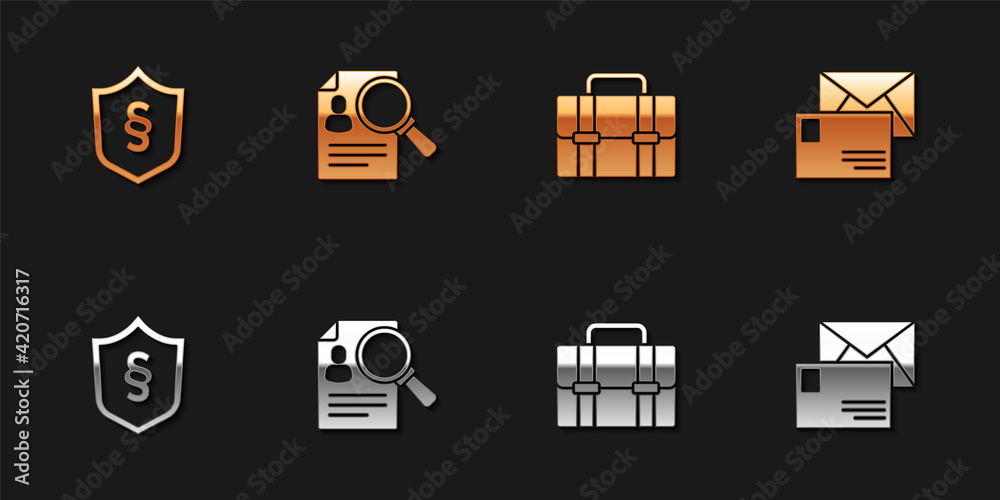 Set Justice law in shield, Paper analysis magnifying, Briefcase and Envelope icon. Vector Set Justice law in shield, Paper analysis magnifying, Briefcase and Envelope icon. Vector