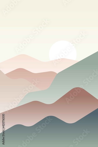 Landscape with Japanese wave. Beige, brown, yellow, green gray and white. Mountains and hills. Sandy dunes. Nature and ecology. Vertical orientation. Template for social media, post cards and posters