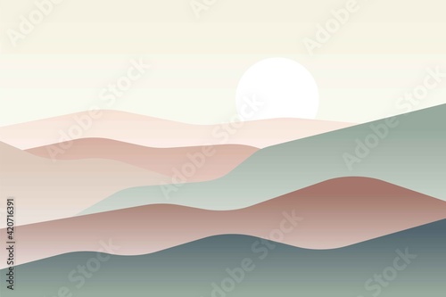 Landscape with Japanese wave. Beige, brown, yellow, green gray and white. Mountains and hills. Sandy dunes. Nature and ecology. Horazontal orientation. For social media, post cards and posters
