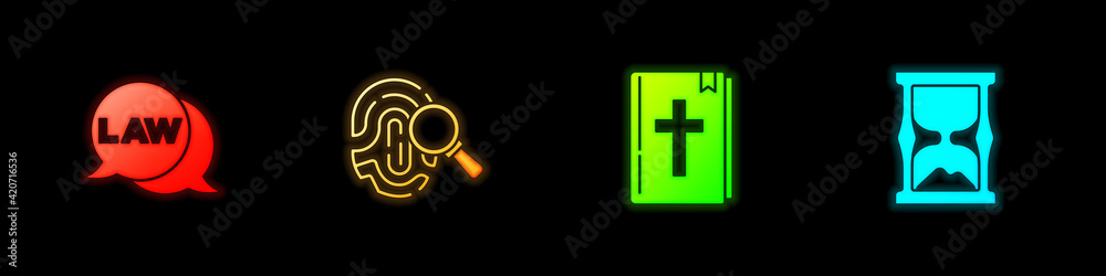 Fototapeta premium Set Law, Fingerprint, Holy bible book and Old hourglass icon. Vector