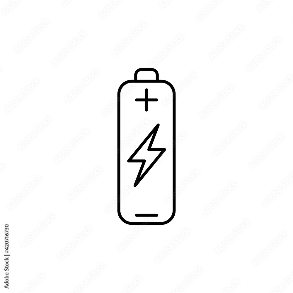 Battery line icon in black. Charge mobile concept. Simple minimal accumulator illustration or symbol on isolated white. Flat for app, graphic design, infographic, web site, ui, ux. Vector EPS 10 Battery line icon in black. Charge mobile concept. Simple minimal accumulator illustration or symbol on isolated white. Flat for app, graphic design, infographic, web site, ui, ux. Vector EPS 10